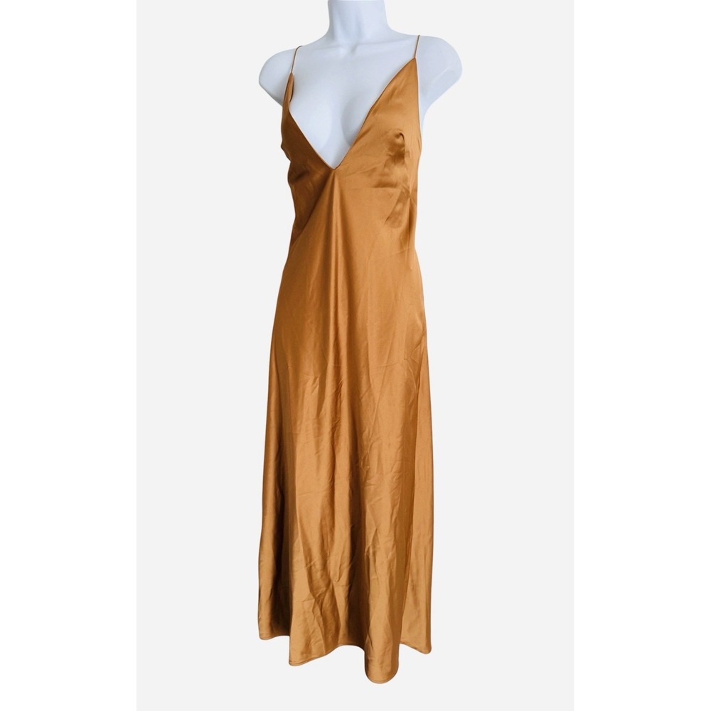 NWT Zara Satin Slip Maxi Dress M Bronze Copper Cami Deep V Back Hidden Zipper - Picture 3 of 9